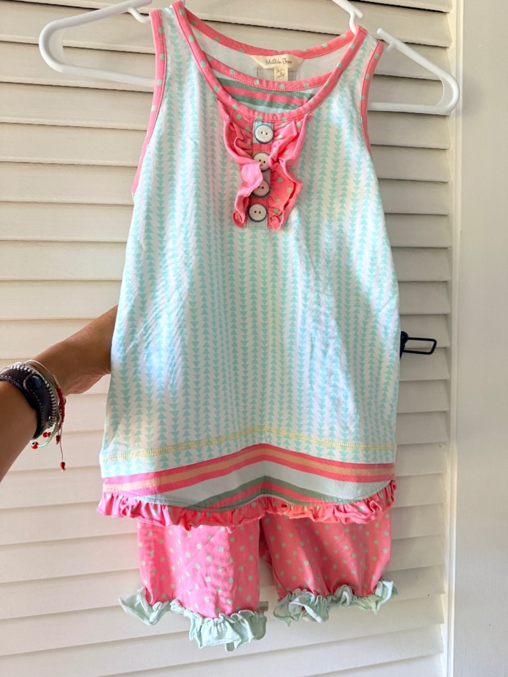 Matilda Jane Girls Size 8 Outfit Set Tunic Ruffle Shorts Pink Aqua Boutique Boho